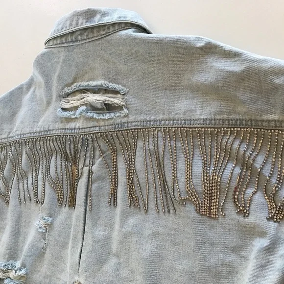 FESTIVAL 🔥 CONCERT RHINESTONE FRINGE 100% COTTON DENIM JACKET - Picture 8 of 14